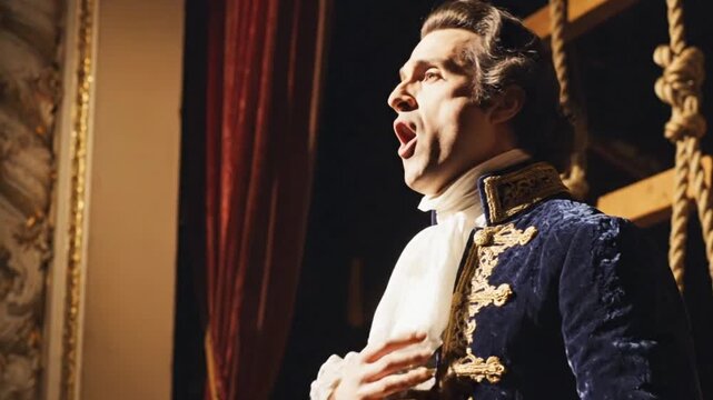 Classical Opera Singer Performing Emotional Aria on Historic Theater Stage with Dramatic Lighting and Elegant Costume