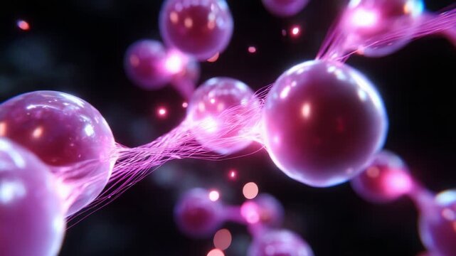 Dynamic Interaction of Molecular Structures: A Visual Exploration of Vibrant Pink Bubbles Interconnected by Luminous Filaments, Capturing the Essence of Microcosmic Life in Motion