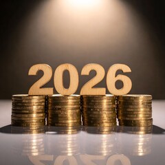 Wooden "2026" on coin stacks, lit by a spotlight, suggesting finances