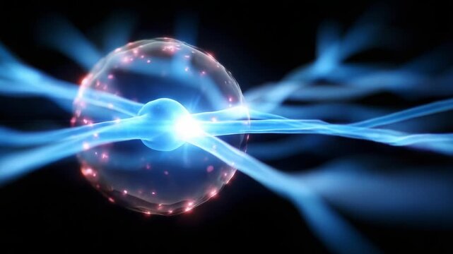 A stunning visual representation of an energy sphere surrounded by flowing electric currents, showcasing the dynamic interactions of particles and energy transmission in a captivating and intricate