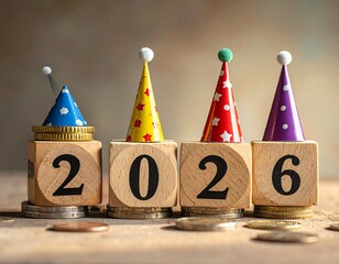 Wooden cubes spelling "2026" wearing party hats, on coins