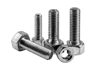 Close-up of three different sized bolts and nuts, metallic gray,  with visible threads