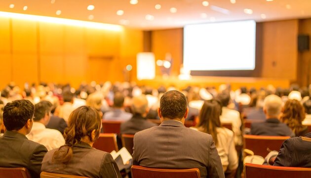 Audiencia asistiendo a una conferencia o evento corporativo en auditorio con iluminaci&oacute;n c&aacute;lida y enfoque profesional