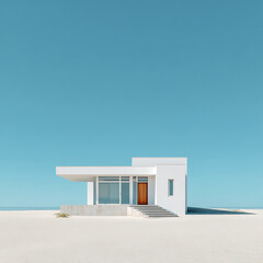 Modern Minimalist White House on a Sandy Beach.