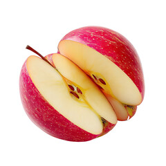 Close-up of a halved, vibrant red apple, revealing a pale yellow interior with seeds