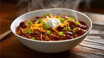 Heartwarming chili con carne bowl a cozy rustic comfort food scene perfect for autumn evenings