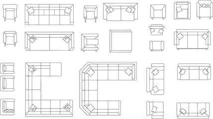 Sofa furniture top view illustration set, living room seating layouts, interior design blueprint, architectural line vector drawings