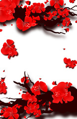 Red plum blossom card template, cherry bloom festive frame design on transparent background.