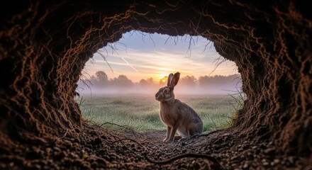 Obraz premium Wild rabbit in serene sunrise landscape viewed from burrow with misty fields and vibrant sky