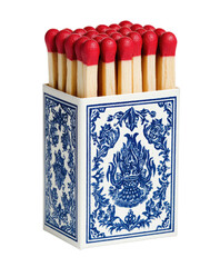 A box of wooden matches with red heads, nestled within a decorative, white and blue porcelain container.  