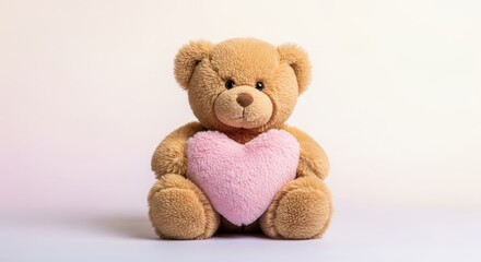 Obraz premium A cute teddy bear holding a pink heart sits on a white surface
