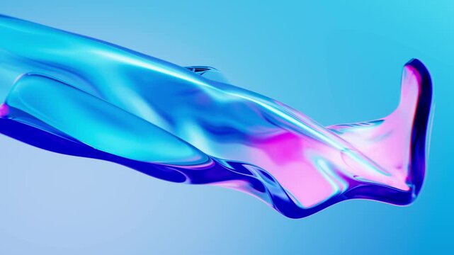 Abstract liquid metal flow with iridescent colors, slow motion, fluid simulation on blue background