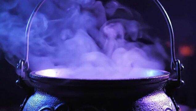 A witch's cauldron bubbles over with purple steam in a dark and mysterious video
