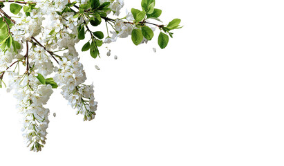 Close-up of a blossoming branch with clusters of small, white flowers, green leaves, and branches against a black background.  The flowers are in full bloom, cascading down the branch. 