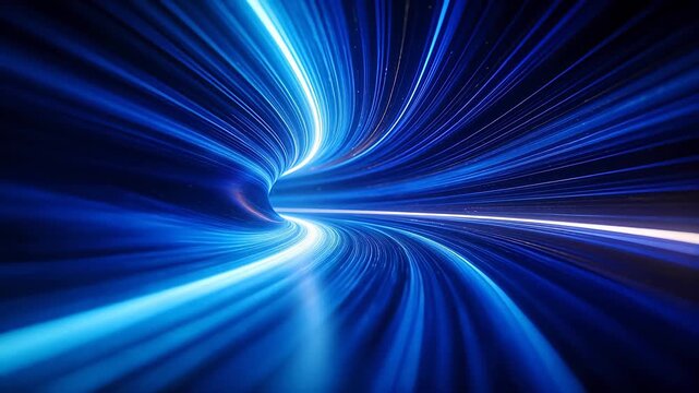 Blue spiral light tunnel with curved beams and deep perspective