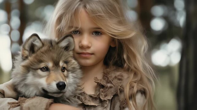 Child woman affectionately embracing a cute tamed wolf cub in a forest setting, showcasing a bond with wild animals. Natural animal and human interaction, footage.