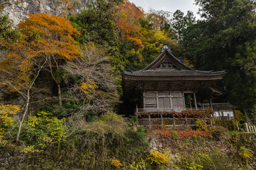 Fototapeta premium 日本 広島県庄原市東城町にある帝釈峡 上帝釈にある石雲山永明寺と紅葉した木々