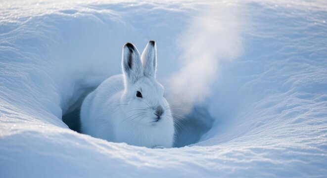 Arctic hare resting in snowy burrow with visible breath on a cold winter day in the arctic wilderness