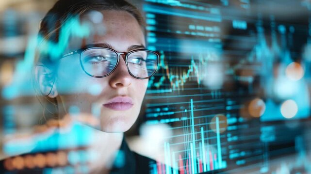 データ分析を行うビジネスウーマンとデジタルチャートの多重露出の動画