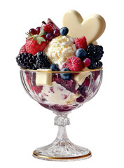 A glass dessert bowl filled with ice cream, berries, and white chocolate