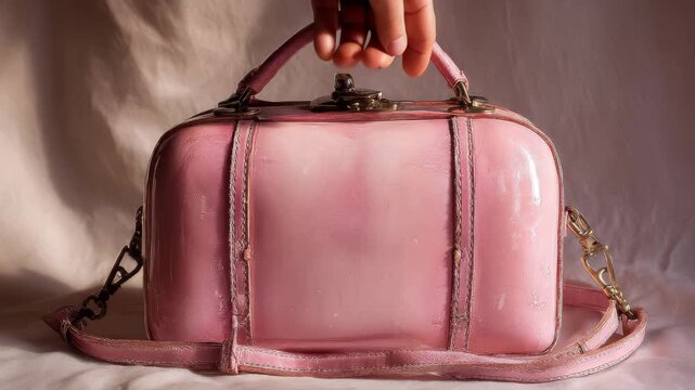 Vintage pink handbag with rounded top and gold accents sits on a light background showcasing its design and texture