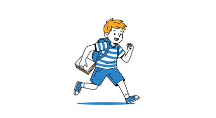 Fototapeta premium Energetic young boy with orange hair running to school carrying a book and wearing a blue and white striped t-shirt and backpack.