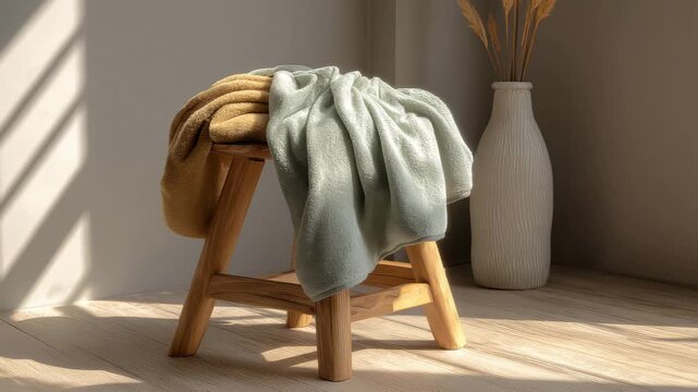 Soft blankets draped over a wooden stool in a well-lit room with a vase in the background