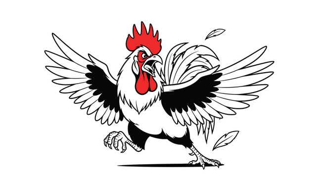 Fierce white rooster with a red comb and black wing feathers runs aggressively while losing several loose feathers.