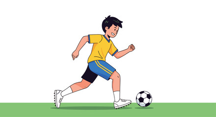 Obraz premium Determined young boy in a yellow and blue soccer uniform runs across the field while dribbling a ball with his feet.
