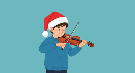 Fototapeta premium Talented young boy wearing a red Santa hat and blue sweater plays the violin with a focused and calm expression.