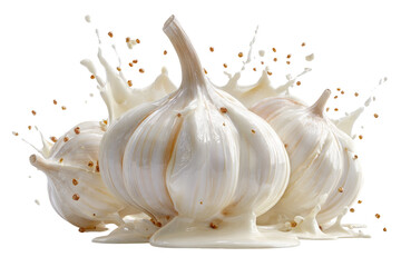 White garlic heads immersed in milk-like splashes