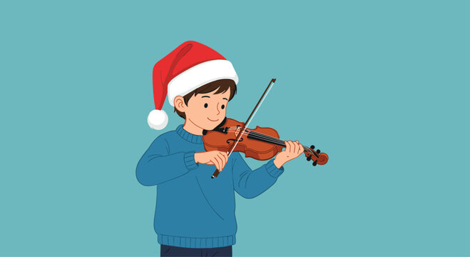 Talented young boy wearing a red Santa hat and blue sweater plays the violin with a focused and calm expression.