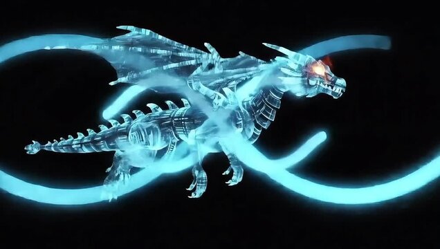 A video showcasing a futuristic dragon flying through a glowing blue infinity symbol in a dark space