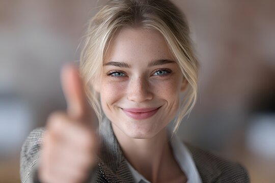 A happy young woman with blonde hair and blue eyes smiles while giving a thumbs up of approval with a blurry background in the office setting.