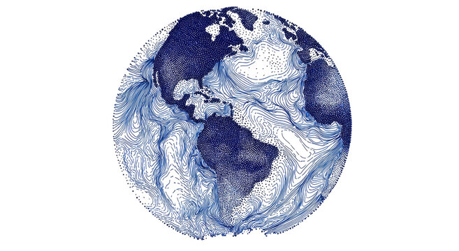 An artistic representation of planet Earth, a blue and white painted globe on a black background