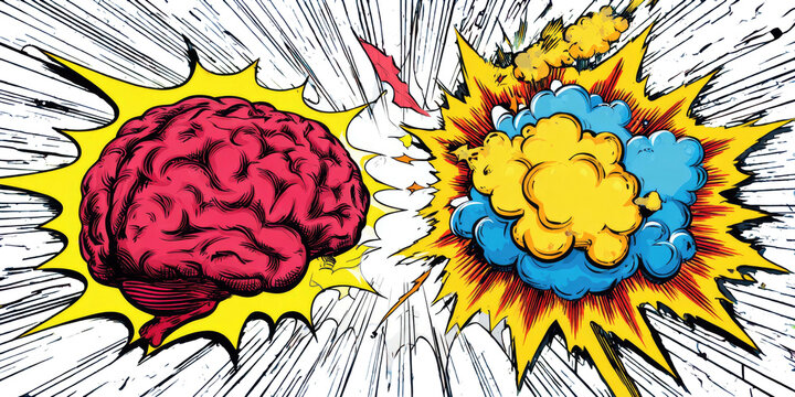 A cartoon-style illustration showing a brain exploding with thought bubbles