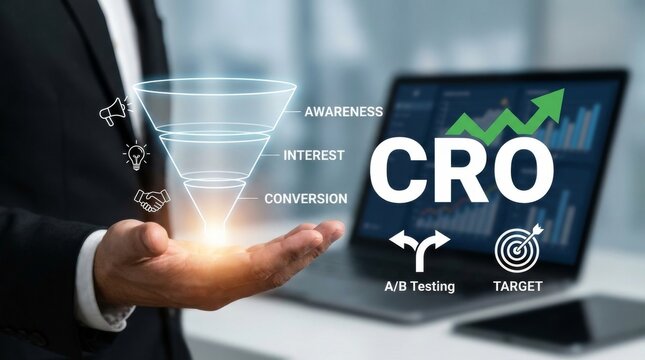 Businessman Holding Marketing Funnel and CRO Text with Growth Arrow Represents Conversion Rate Optimization, Sales Strategy, and Customer Journey
