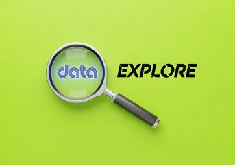 Data exploration concept with magnifying glass over text on vibrant green background for analytics and research visualization projects