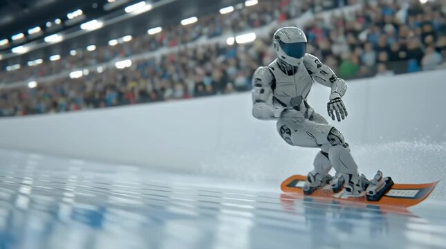 Futuristic Robot Snowboarding through a High-Tech Snowpark Scene