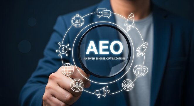 Modern answer engine optimization concept displaying aeo text through magnifying glass with futuristic digital icons and businessman
