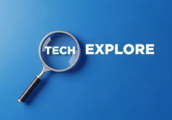 Magnifying glass with tech explore text on blue background business technology and information discovery concept
