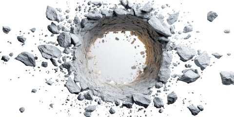A detailed, overhead shot of a circular tunnel with chunks of grey rock around it