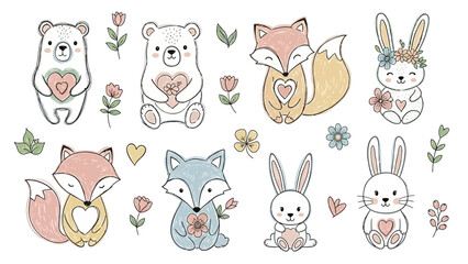 Fototapeta premium Adorable forest animals with hearts and flowers in cute illustrations
