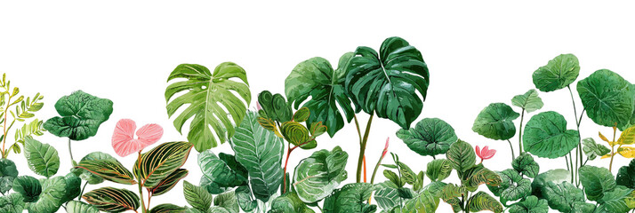 Lush tropical foliage in vibrant greens and pinks