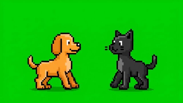 Pixel Art Dog and Cat Dance on Green Screen