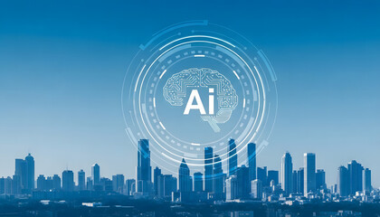 Futuristic cityscape with ai symbol overlay at dusk, representing technological advancement and innovation.