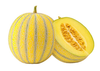 Two cantaloupes, one whole and one halved, against a black background.  The whole melon is a pale yellow with  pale green stripes,  and the cut half reveals pale yellow flesh and numerous small.