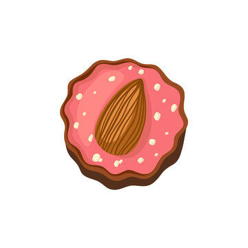 Round chocolate candy with almond and pink cream. Vector illustration isolated on white background. 