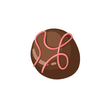 Round chocolate candy with pink cream. Vector illustration isolated on white background. 