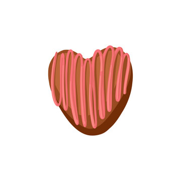 Сhocolate candy with pink cream in the shape of a heart. Vector illustration isolated on white background.